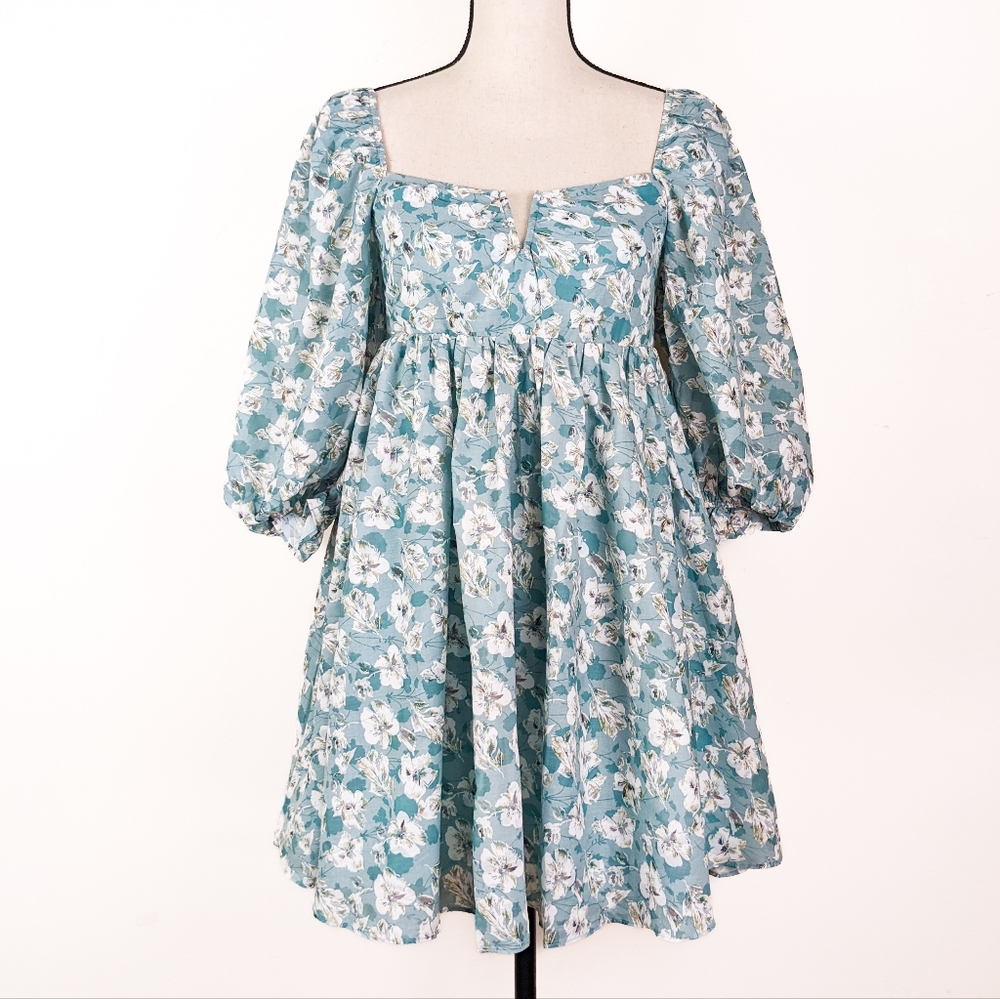 🦋LAST🦋 NWT Storia Green Floral Baby Doll Mini Dress - Picture 1 of 6